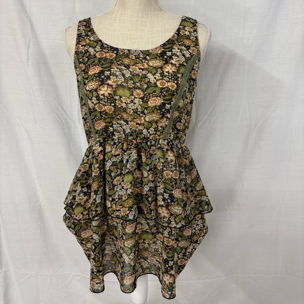 Floral Flowy Summer Cottagecore Peplum Top Green Woodsy